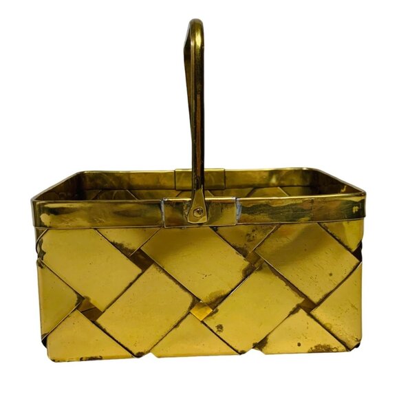 Brass Basket Woven Handle Boho Style Trinket Dish Rectangle Catchall Eclectic - Picture 3 of 14